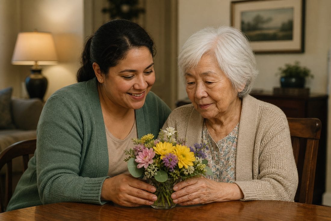 A caregiver and resident sharing a quiet moment with flowers