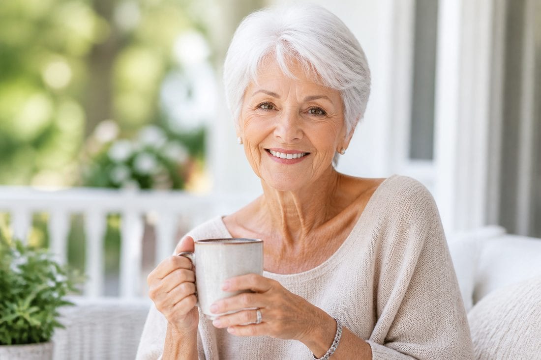 A resident smiling with a cup of coffee on a sunlit porch