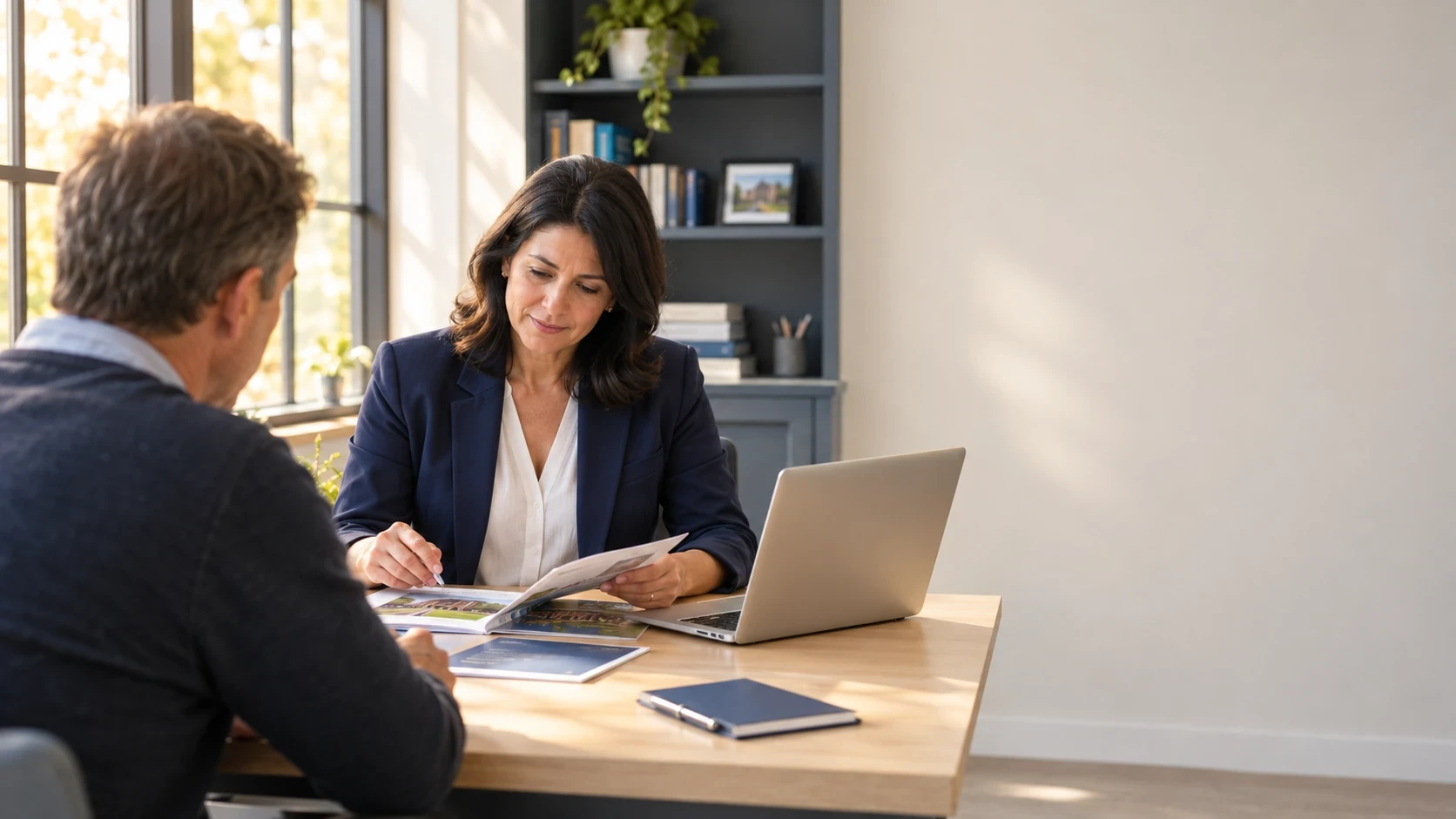 A school admissions staff member reviews materials with a parent in a bright, welcoming admissions office.