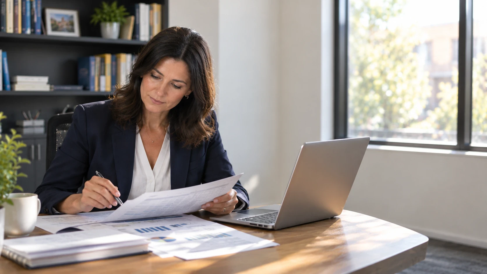 A school administrator reviews a budget breakdown at her desk in a bright, modern school office.