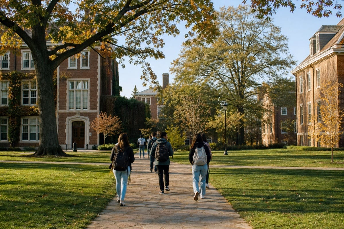 College campus with students walking